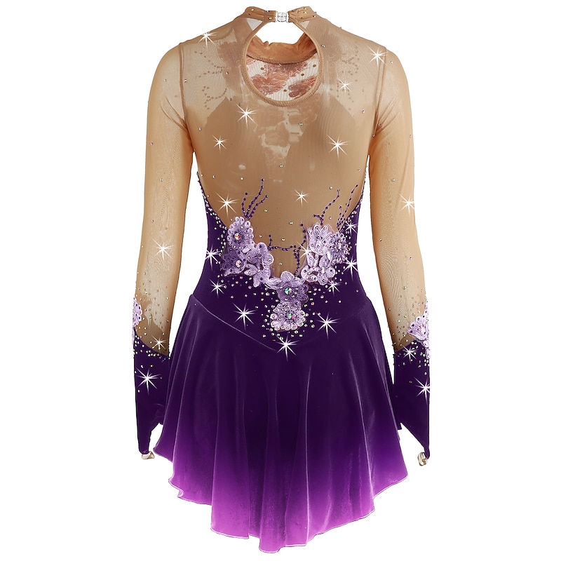 Figure Skating Dress Women's Girls' Ice Skating Dress Outfits Yan pink Amethyst Violet Flower Spandex High Elasticity Competition Skating Wear Warm Handmade Jeweled Rhinestone Long Sleeve Ice Skating 20