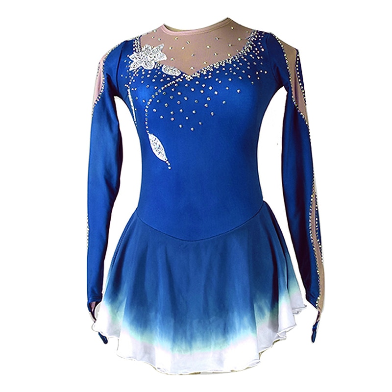 Figure Skating Dress Women's Girls' Ice Skating Dress Outfits Violet Burgundy Royal Blue Flower Patchwork Spandex Stretchy Training Competition Skating Wear Handmade Patchwork Classic Crystal