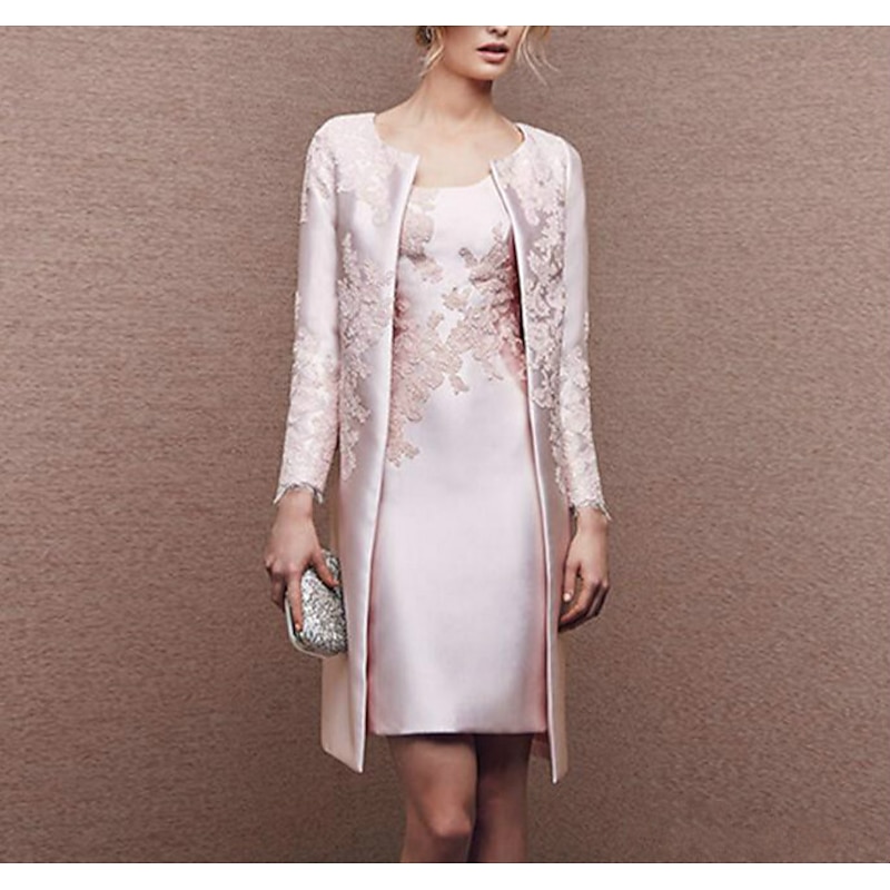 Two Piece Sheath Mother of the Bride Dress Wedding Guest Church Elegant Plus Size Scoop Satin Lace Sleeveless Wrap Included Jacket Dresses with Appliques Race Day Dress2