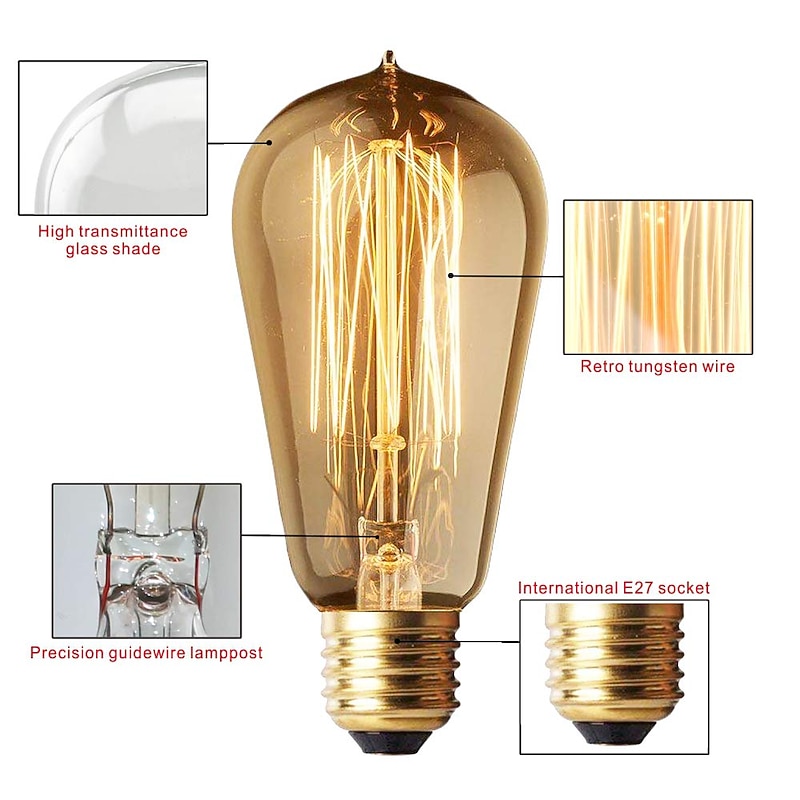 1pc Edison Light Bulbs ST58 40w Vintage Antique Tungsten Filament Incandescent Bulbs E26/E27 Base Light Bulbs for Decorative Pendant Lighting 220V Amber Glass3