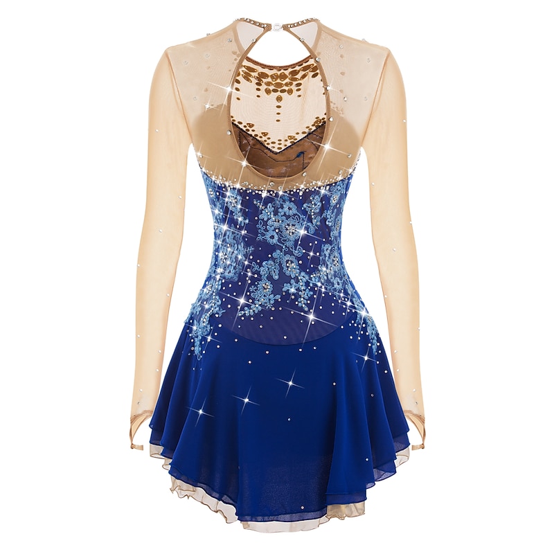 Figure Skating Dress Women's Girls' Ice Skating Dress Outfits Violet White Dusty Rose Flower Open Back Mesh Spandex Competition Skating Wear Handmade Jeweled Rhinestone Long Sleeve Ice Skating Figure3