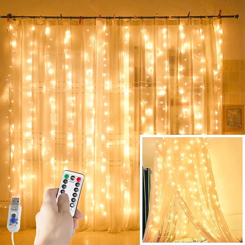Curtain Lights 300 LED USB Powered Fairy String Lights with Remote IP65 Waterproof 8 Settings Twinkle Lights for Christmas Party Wedding Wall Decoration