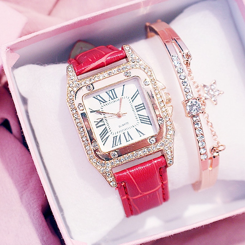 Quartz Watches for Women's Women Analog Diamond Watch Starry Square Dial Bracelet Set Ladies Leather Band Wristwatch Female Clock4