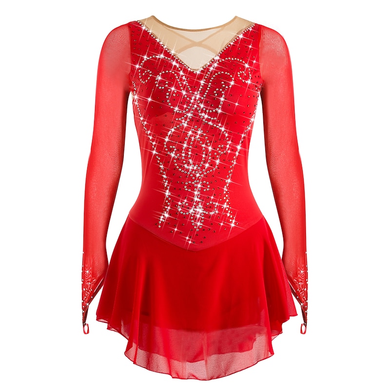 Figure Skating Dress Women's Girls' Ice Skating Dress White Black Red Open Back Mesh Spandex High Elasticity Training Competition Skating Wear Handmade Classic Crystal / Rhinestone Long Sleeve Ice2