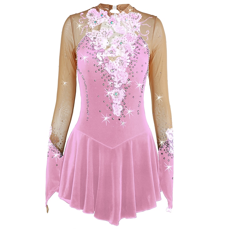 Figure Skating Dress Women's Girls' Ice Skating Dress Outfits Yan pink Amethyst Violet Flower Spandex High Elasticity Competition Skating Wear Warm Handmade Jeweled Rhinestone Long Sleeve Ice Skating 29