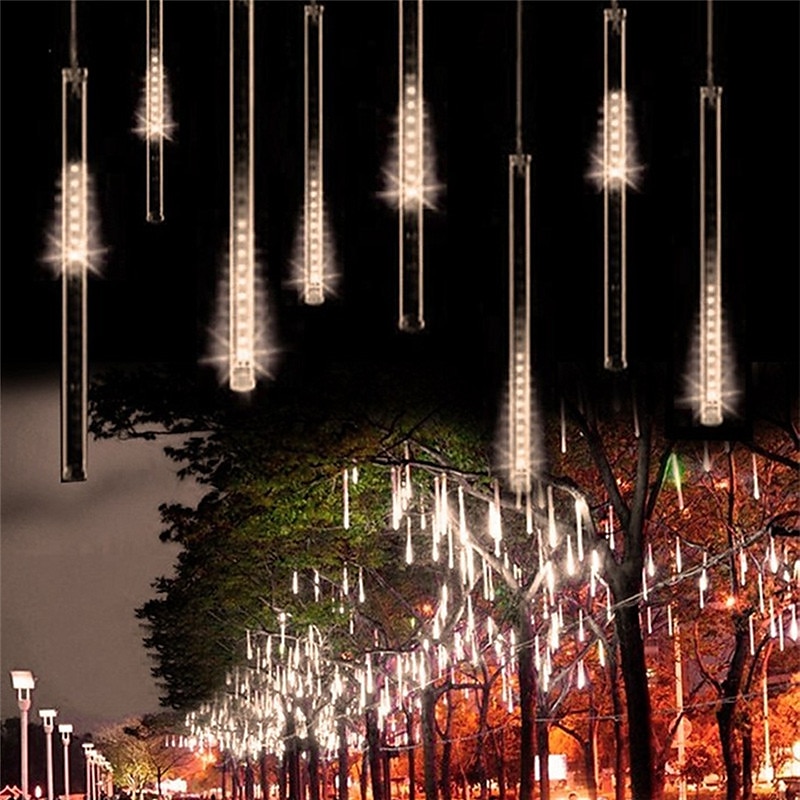 4 Packs Falling Rain Lights Meteor Shower Lights Christmas Lights 30cm 32 Tube 576 LEDs Falling Rain Drop Icicle String Lights for Christmas Trees Halloween Decoration Holiday Wedding3