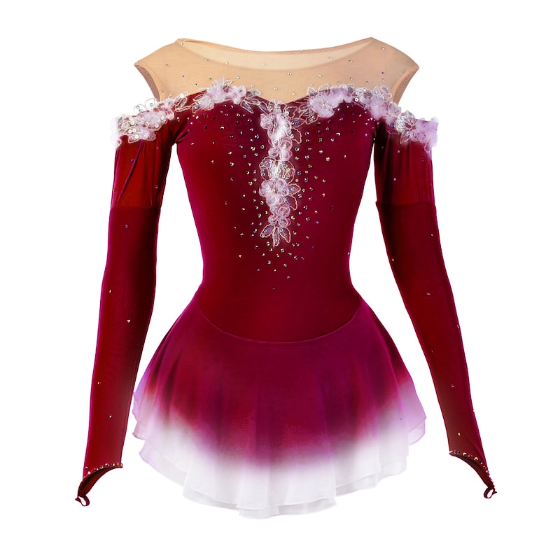 Figure Skating Dress Women's Girls' Ice Skating Dress Yellow Pink Dark Purple Patchwork Mesh Spandex High Elasticity Competition Skating Wear Crystal / Rhinestone Dumb Light Fashion Long Sleeve Ice3
