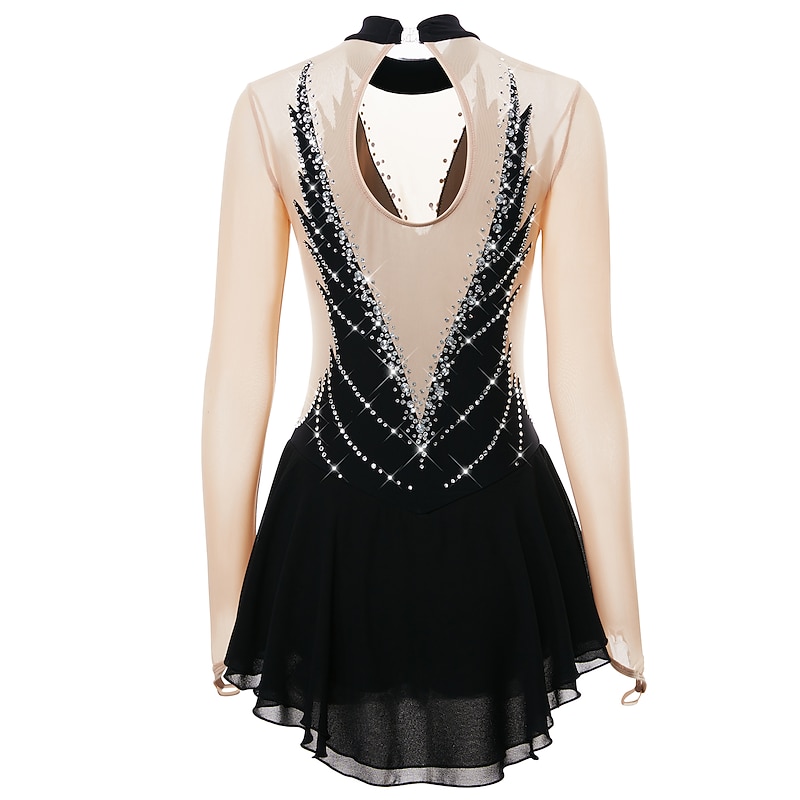Figure Skating Dress Women's Girls' Ice Skating Dress Outfits Black Yellow Dark Purple Open Back Mesh Spandex High Elasticity Professional Competition Skating Wear Crystal / Rhinestone Long Sleeve4