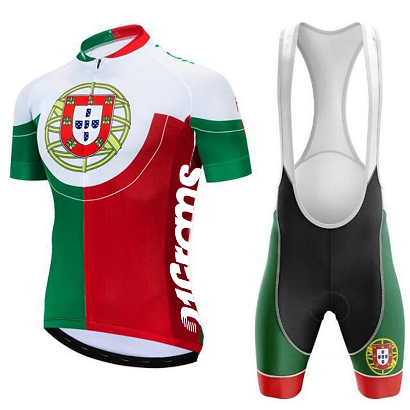 Men's Cycling Jersey with Bib Shorts Short Sleeve Mountain Bike MTB Road Bike Cycling Winter Black Red Dark Green Portugal National Flag Bike Clothing Suit UV Resistant Quick Dry Back Pocket Sports4