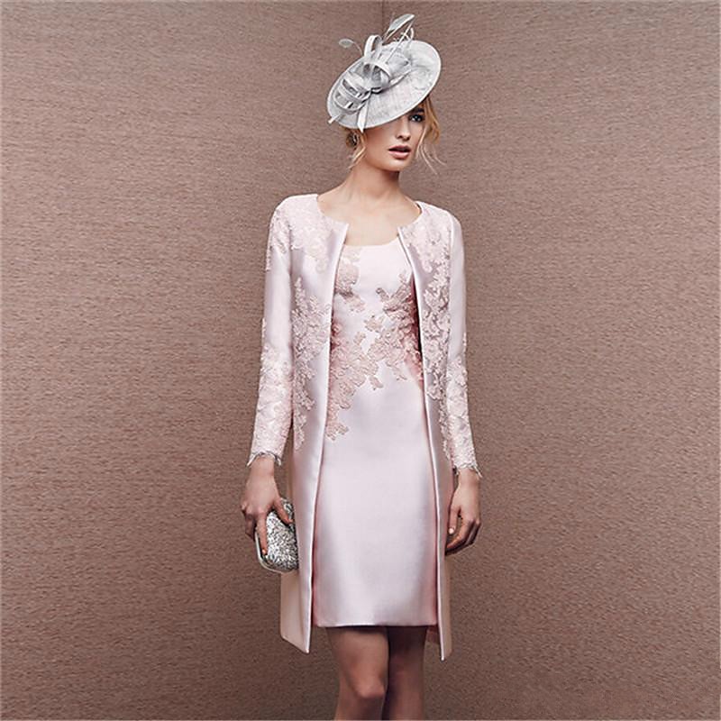 Two Piece Sheath Mother of the Bride Dress Wedding Guest Church Elegant Plus Size Scoop Satin Lace Sleeveless Wrap Included Jacket Dresses with Appliques Race Day Dress3