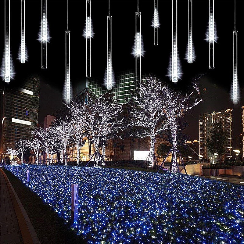 4 Packs Falling Rain Lights Meteor Shower Lights Christmas Lights 30cm 32 Tube 576 LEDs Falling Rain Drop Icicle String Lights for Christmas Trees Halloween Decoration Holiday Wedding2