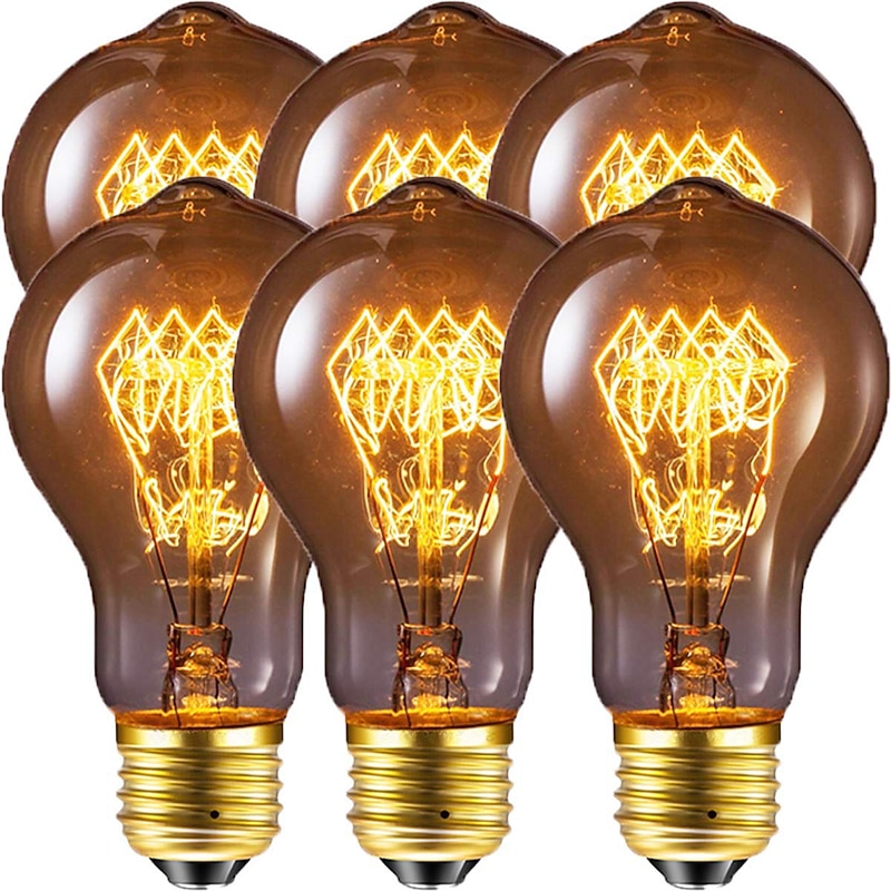 Edison Bulb Vintage Bulb 40W Dimmable  E26 / E27 A60(A19)  Squirrel Cage Filament Edison Lihgt Bulb for Home Light Fixtures Decorative  220-240 V / 110-130 V Pack of 6