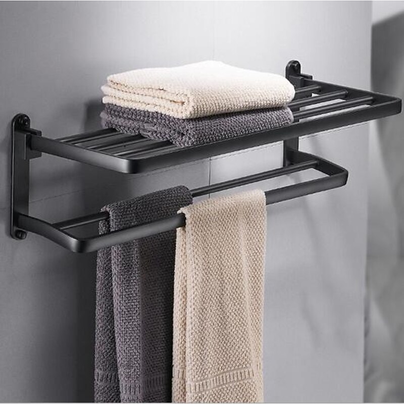 Perforation-free Space Aluminum Bathroom Shelf Foldable Towel Rack Wall mounted 2-tier Matte Black2