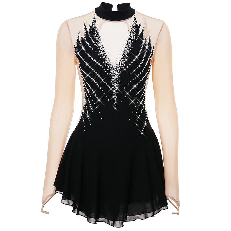 Figure Skating Dress Women's Girls' Ice Skating Dress Outfits Black Yellow Dark Purple Open Back Mesh Spandex High Elasticity Professional Competition Skating Wear Crystal / Rhinestone Long Sleeve2
