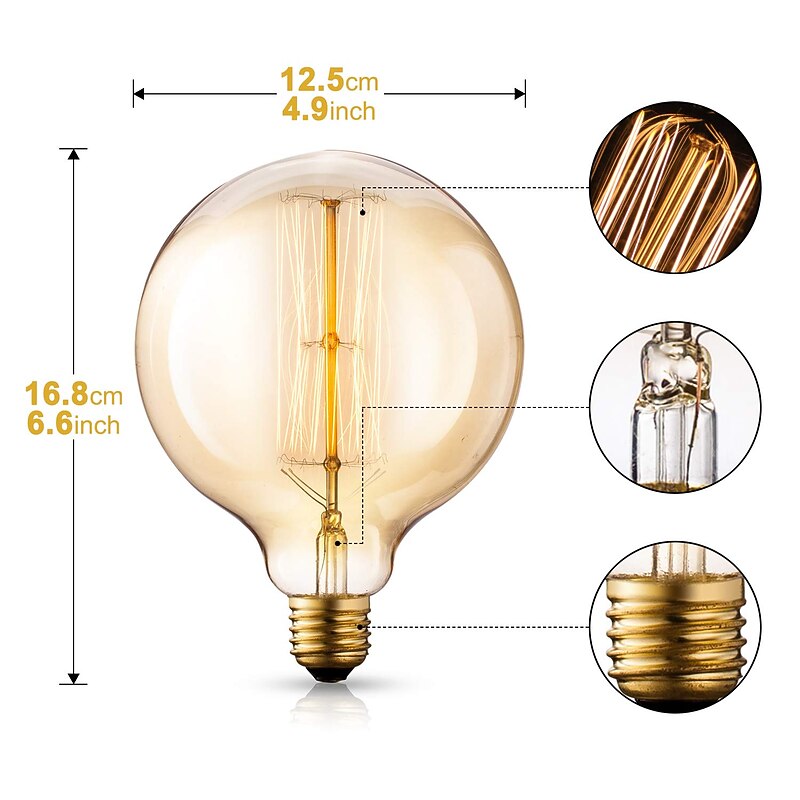 2pcs 40W Edison Vintage Globe Incandescent Light Bulb Dimmable E26 E27 G125 Antique Filament Amber Warm White for Loft Bar Restaurant Kitchen 220-240V2