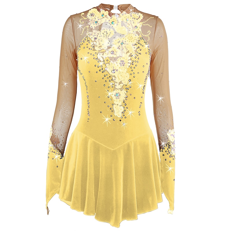 Figure Skating Dress Women's Girls' Ice Skating Dress Outfits Yan pink Amethyst Violet Flower Spandex High Elasticity Competition Skating Wear Warm Handmade Jeweled Rhinestone Long Sleeve Ice Skating 27