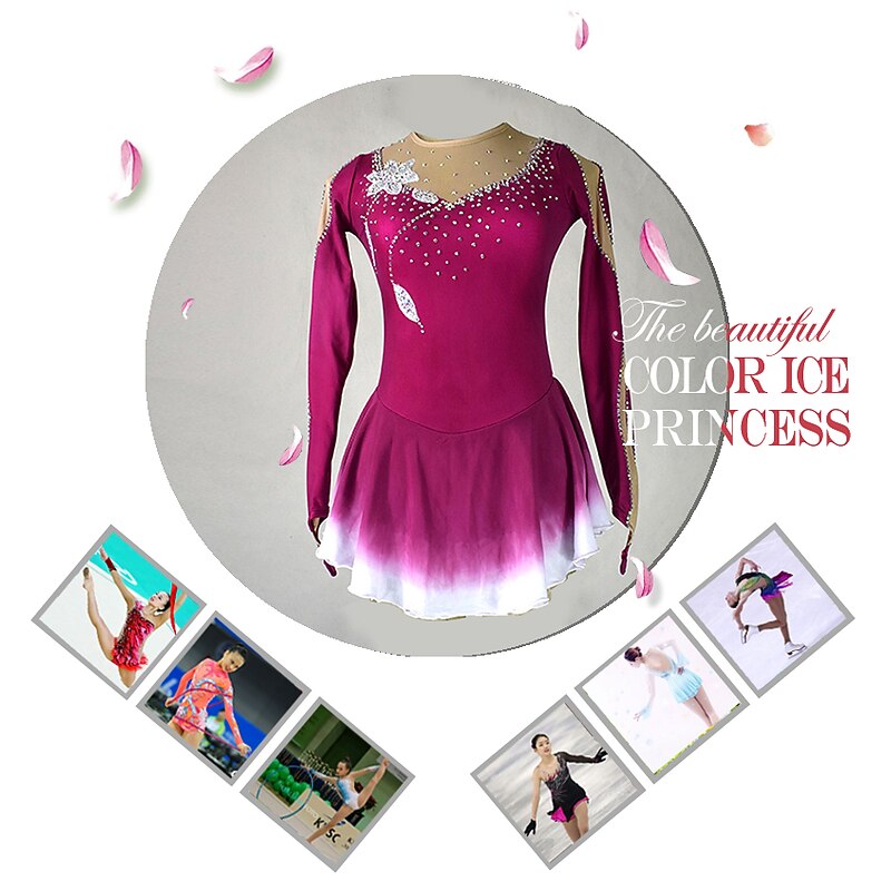 Figure Skating Dress Women's Girls' Ice Skating Dress Outfits Violet Burgundy Royal Blue Flower Patchwork Spandex Stretchy Training Competition Skating Wear Handmade Patchwork Classic Crystal4