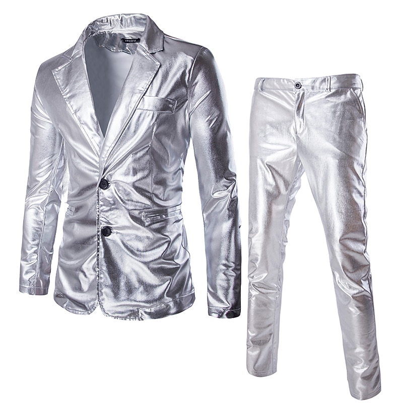 Disco 1980s Pants Suits & Blazers Lapel Collar Blazer Shiny Metallic Solid Color Turndown Fancy Dress Men's Carnival Costume Christmas Halloween Carnival Party Club Pride Parade Adults' Tuxedo Spring4