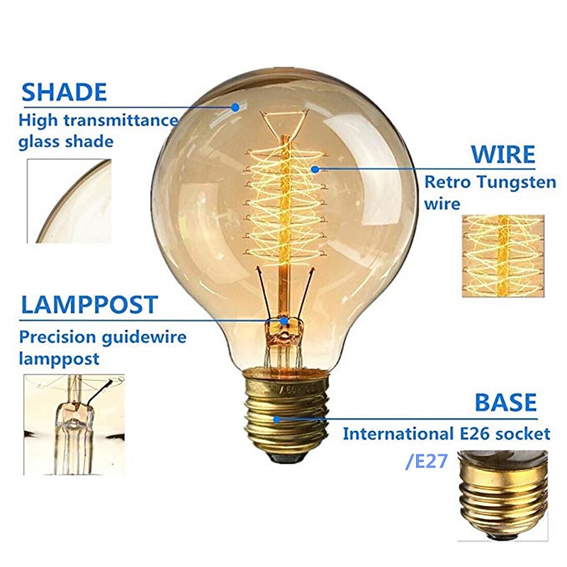 4pcs Retro Edison Light Bulb E27 220V 40W G80  Filament Vintage Ampoule Incandescent Bulb Edison Lamp3