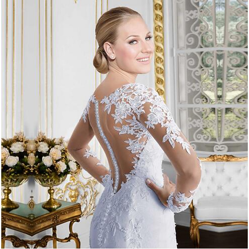 Open Back Sexy Formal Wedding Dresses Mermaid Illusion Neck Long Sleeve Chapel Train Lace Bridal Gowns With Lace Appliques4