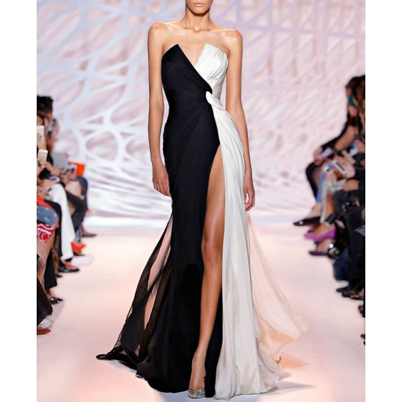 Sheath Black Dress Evening Gown Color Block Dress Wedding Guest Party Wear Sweep / Brush Train Sleeveless Strapless  with Slit dress to impress