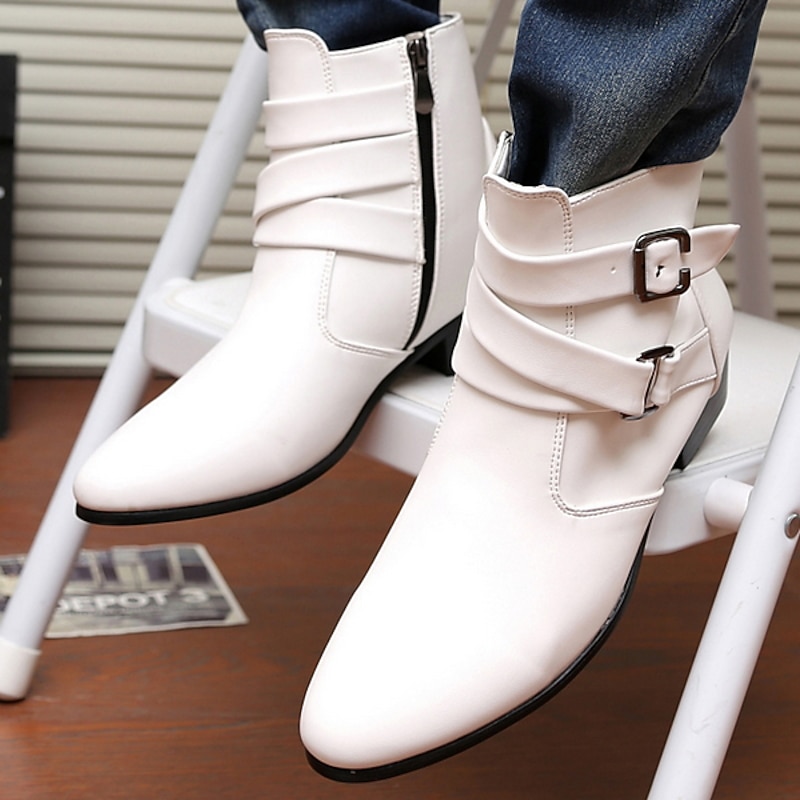 Men's White Buckle Ankle Boots - Sleek and Stylish Faux Leather Shoes for Formal Events, Parties, and Cosplay3