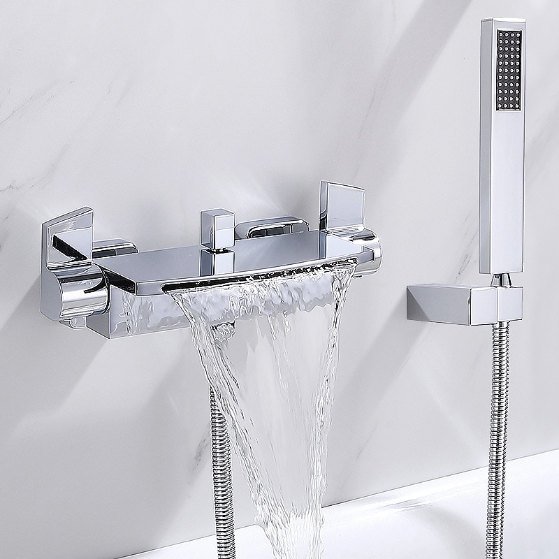 Waterfall Bathtub Faucet Wall Mounted, Widespread Bathroom Shower Mixer Faucet Bath Roman Tub Filler Mixer Tap Brass, 3 Hole Sprayer with Cold Hot Water Hose2