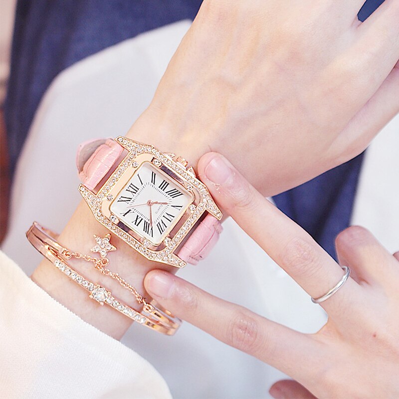 Quartz Watches for Women's Women Analog Diamond Watch Starry Square Dial Bracelet Set Ladies Leather Band Wristwatch Female Clock2