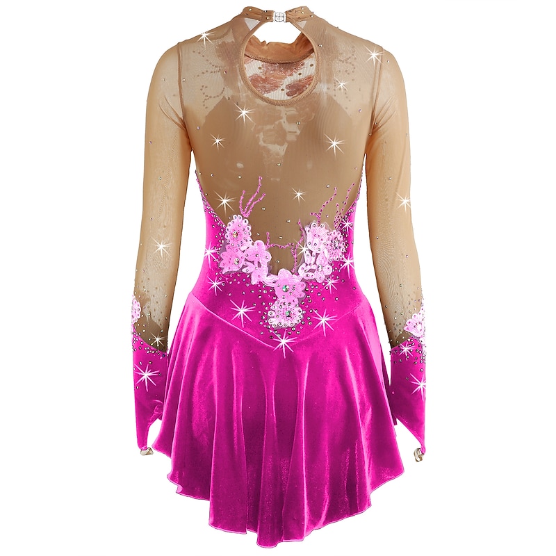 Figure Skating Dress Women's Girls' Ice Skating Dress Outfits Yan pink Amethyst Violet Flower Spandex High Elasticity Competition Skating Wear Warm Handmade Jeweled Rhinestone Long Sleeve Ice Skating 26