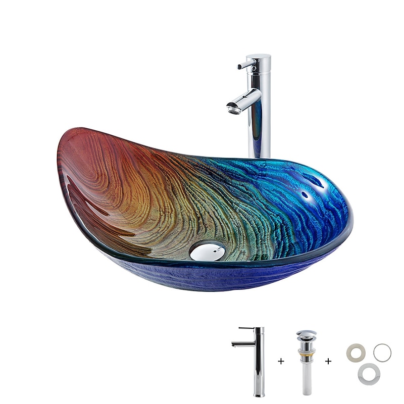 Bathroom Vessel Sink Rectangular 21"x15", Sink Mixer Faucet and Drain Combo with Pop-up Drain, Boat Shape Color Tempered Glass Artistic Vanity Sink Bowl, Above Counter Washroom Sink Art Wash Basin4