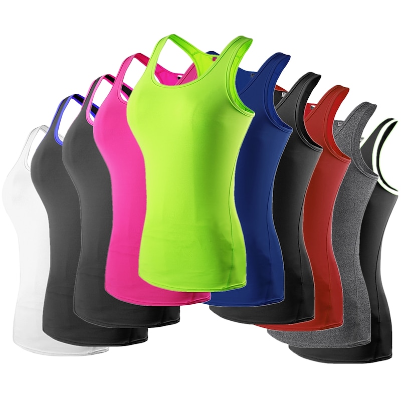 Women's Running Tank Top Compression Tank Top Racerback Sleeveless Base Layer Athletic Spandex Breathable Quick Dry Gym Workout Running Jogging Sportswear Activewear Solid Colored Black / Orange Neon3