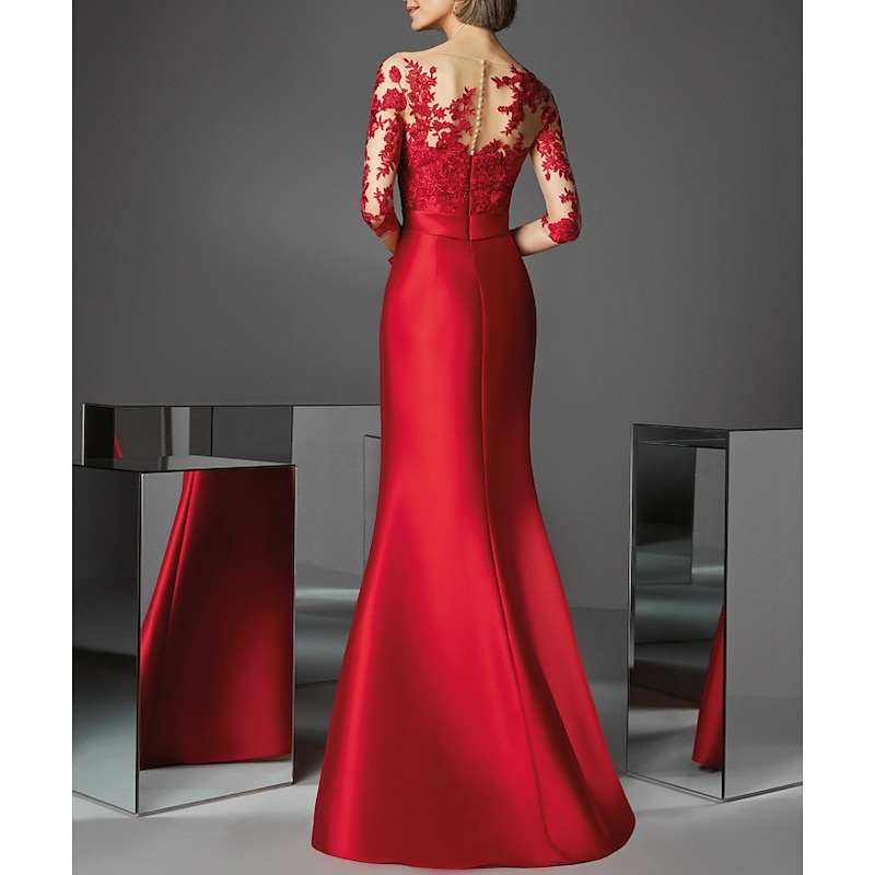 Mermaid Mother of the Bride Evening Gown Elegant Dress Engagement Floor Length 3/4 Length Sleeve Illusion Neck Fall Wedding Guest Satin with Appliques2