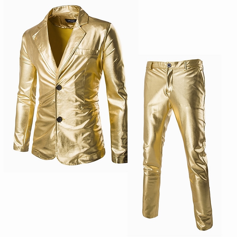 Disco 1980s Pants Suits & Blazers Lapel Collar Blazer Shiny Metallic Solid Color Turndown Fancy Dress Men's Carnival Costume Christmas Halloween Carnival Party Club Pride Parade Adults' Tuxedo Spring