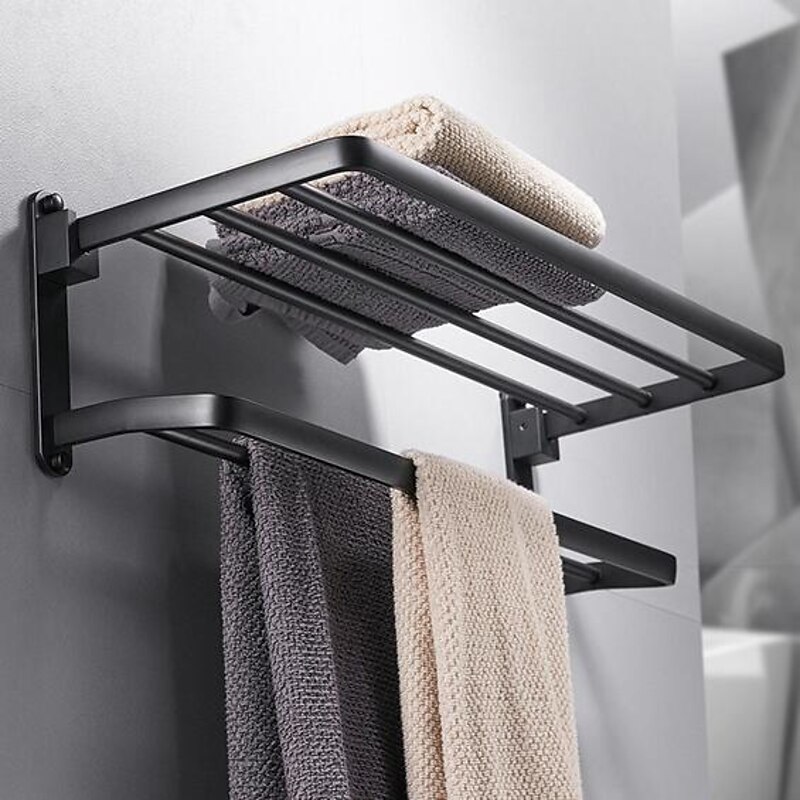 Perforation-free Space Aluminum Bathroom Shelf Foldable Towel Rack Wall mounted 2-tier Matte Black3