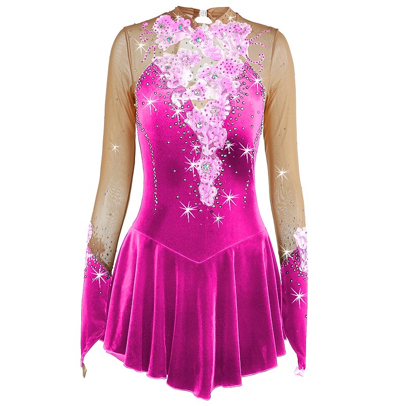 Figure Skating Dress Women's Girls' Ice Skating Dress Outfits Yan pink Amethyst Violet Flower Spandex High Elasticity Competition Skating Wear Warm Handmade Jeweled Rhinestone Long Sleeve Ice Skating 25