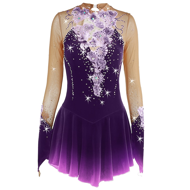 Figure Skating Dress Women's Girls' Ice Skating Dress Outfits Yan pink Amethyst Violet Flower Spandex High Elasticity Competition Skating Wear Warm Handmade Jeweled Rhinestone Long Sleeve Ice Skating 19