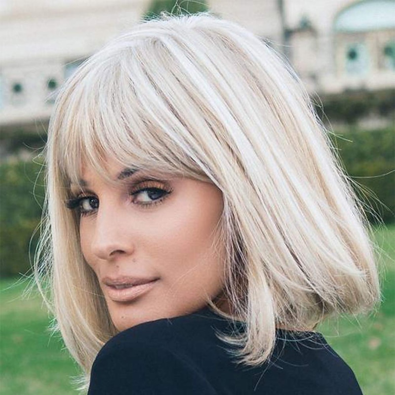Gray Wigs for Women Synthetic Wig Natural Straight Bob with Bangs Wig Blonde Light Golden Pink Blonde Brown White 10 Inch For Daily Party Christmas Party Wigs barbiecore Wigs2