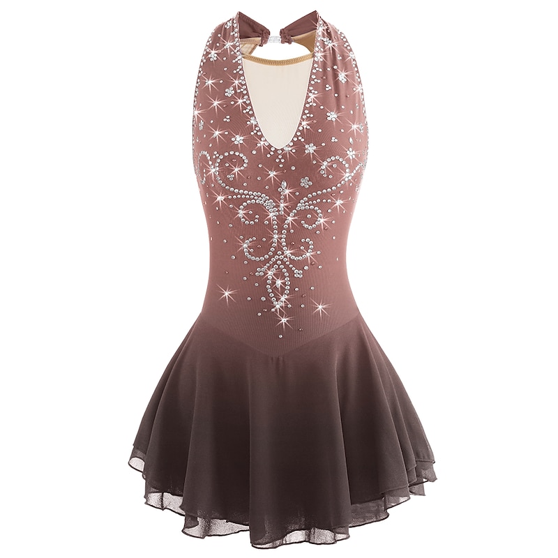 Figure Skating Dress Women's Girls' Ice Skating Dress Black White Yellow Patchwork Open Back Mesh Spandex High Elasticity Practice Competition Skating Wear Jeweled Rhinestone Sleeveless Ice Skating2