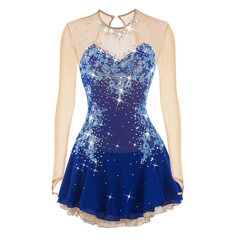 Figure Skating Dress Women's Girls' Ice Skating Dress Outfits Violet White Dusty Rose Flower Open Back Mesh Spandex Competition Skating Wear Handmade Jeweled Rhinestone Long Sleeve Ice Skating Figure2