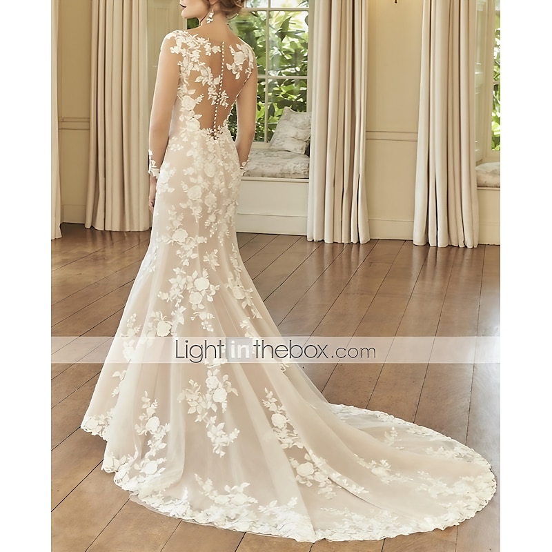 Gold Dress Engagement Formal Wedding Dresses Mermaid Illusion Neck Long Sleeve Court Train Lace Bridal Gowns With Embroidery dress to impress