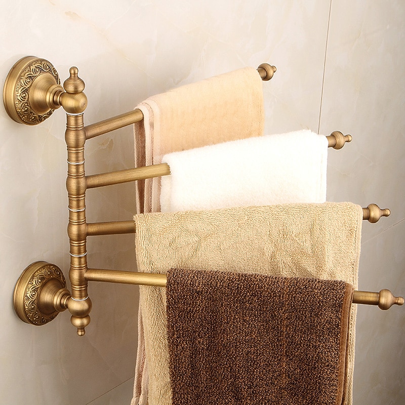 Multifunction Brushed Brass Towel holder Towel Rack Electroplated Brass Bathroom Shelf with 4 Rods Wall Mounted 1pc2