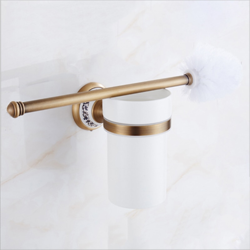 Toilet Brush with Holder,Antique Brass Ceramics Wall Mounted Rubber Painted Toilet Bowl Brush and Holder for Bathroom2