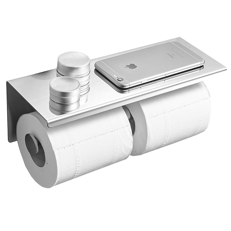 Toilet Paper Holder Multifunction Stainless Steel Bathroom Shelf Double Rods Wall Mounted 1pc3