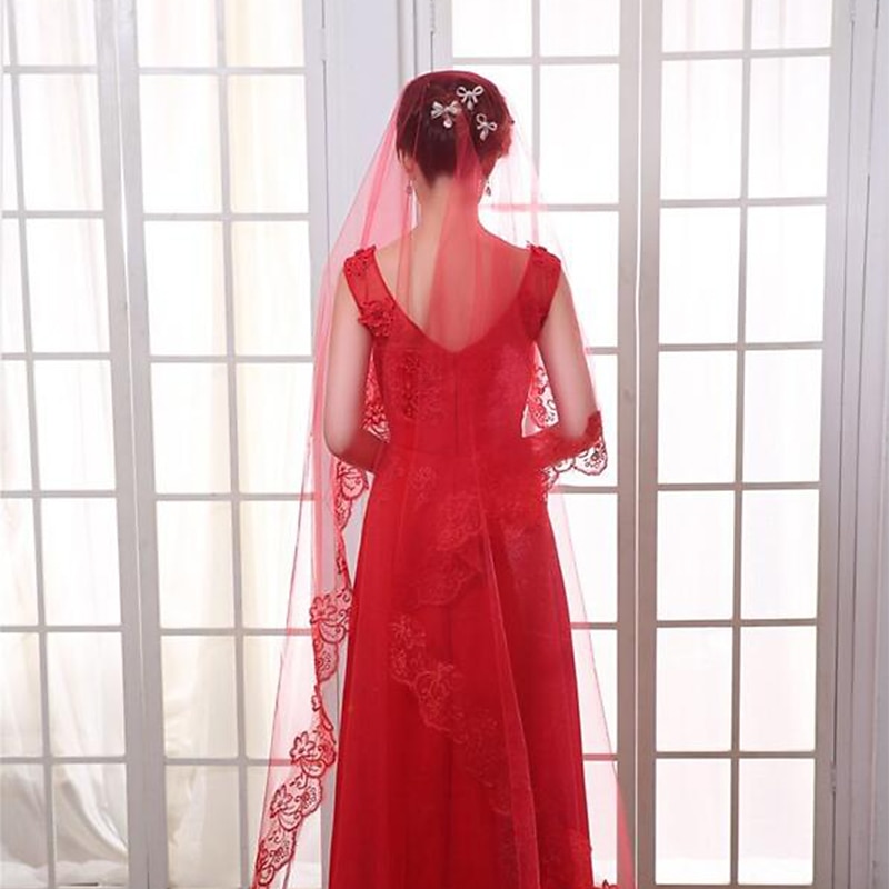 One-tier Classic Style / Lace Wedding Veil Chapel Veils with Solid / Pattern POLY / Lace3