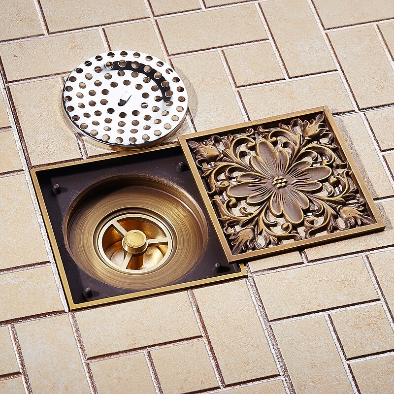 4 inch Shower Floor Drain Square Traditional 100 x 100mm, Antique Brass Removable Brass Bathroom Drain Sanitation Insert Grate, Hair Catcher Strainer4