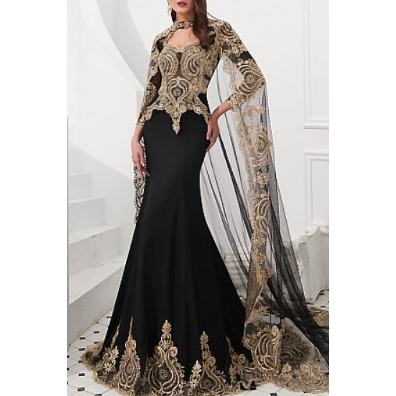 Mermaid Evening Gown Vintage Dress Wedding Guest Court Train Long Sleeve High Neck Satin with Appliques Masquerade Dress