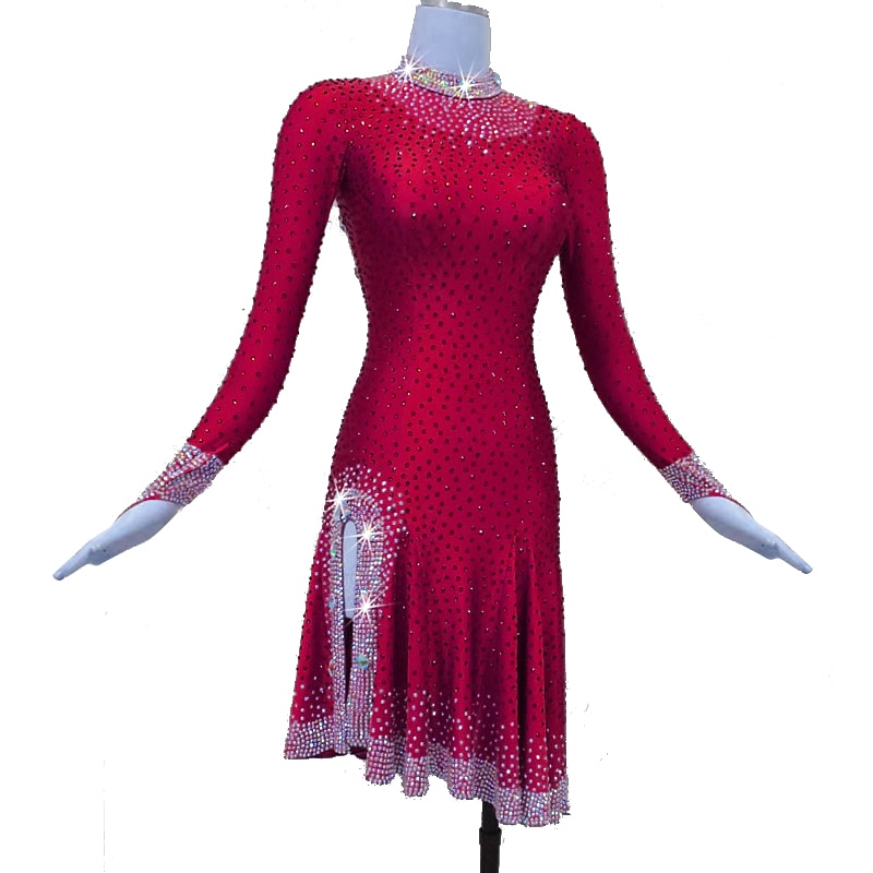 Dance Salsa Latin Dance Dress Crystals / Rhinestones Women's Training Performance Long Sleeve High Spandex / Jazz3