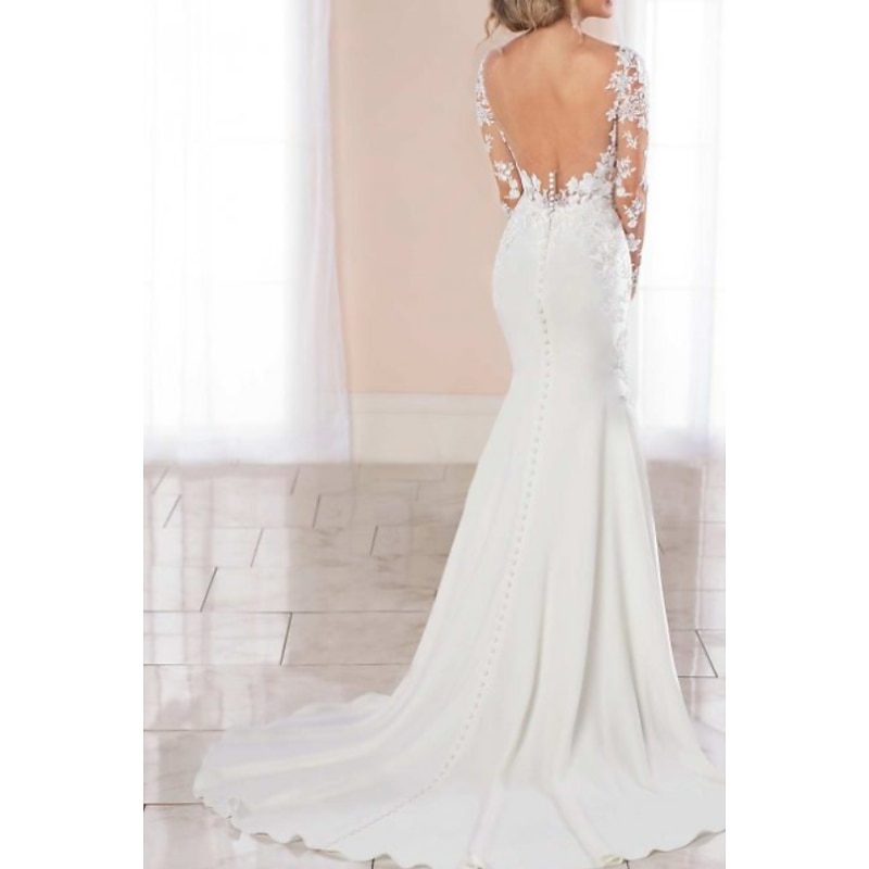 Engagement Open Back Formal Wedding Dresses Mermaid V Neck Long Sleeve Court Train Chiffon Bridal Gowns With Buttons Appliques 2025 2025 - $222.69