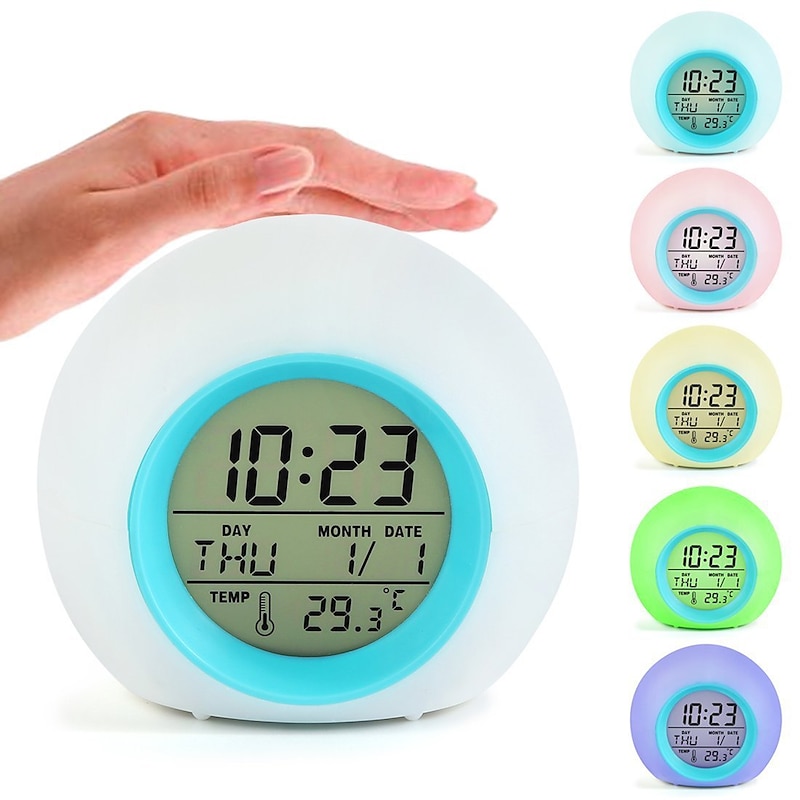 Color Changing LED Smart Light Digital Alarm Clocks Touch Control Kids Children Wake Up Alarm Clock Thermometer Nature Music Gifts