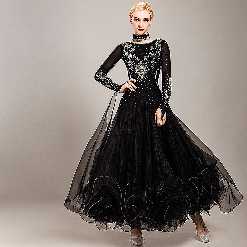 Ballroom Dance Dress Embroidery Appliques Crystals / Rhinestones Women's Performance Training Long Sleeve Tulle Ice Silk3